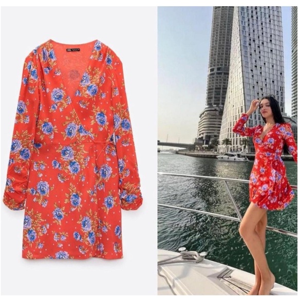 Zara Floral Red Deep V-neck Long Sleeve Wrap Dress Large - Picture 11 of 11